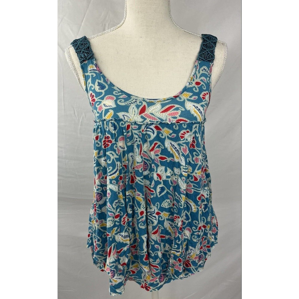 Free People Tulip Boho Print Tank Top Crochet Shirt Hippie Flowy Loose Floral M